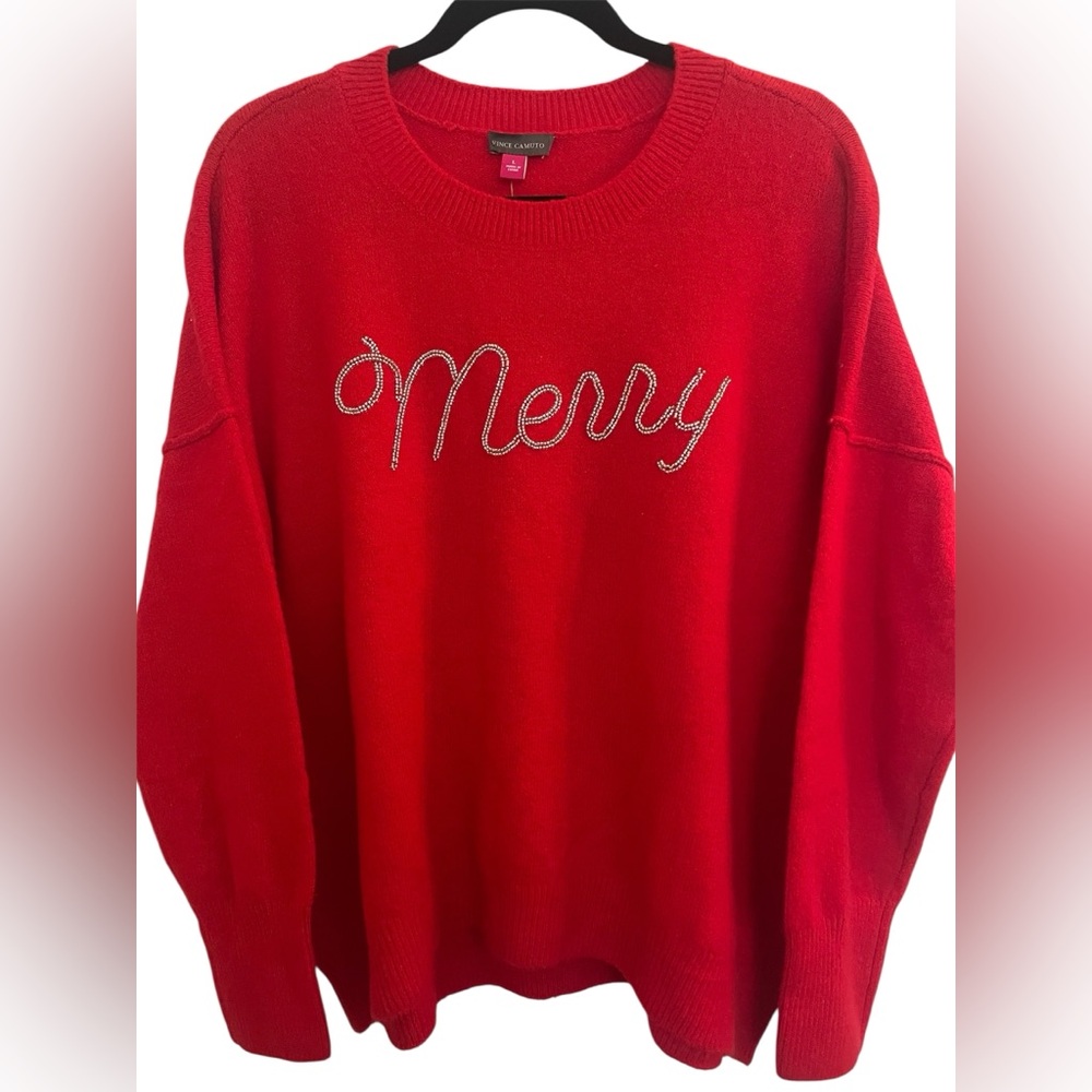 Vince Camuto Sweater Red Women’s Large Merry Bead Design Christmas NWT